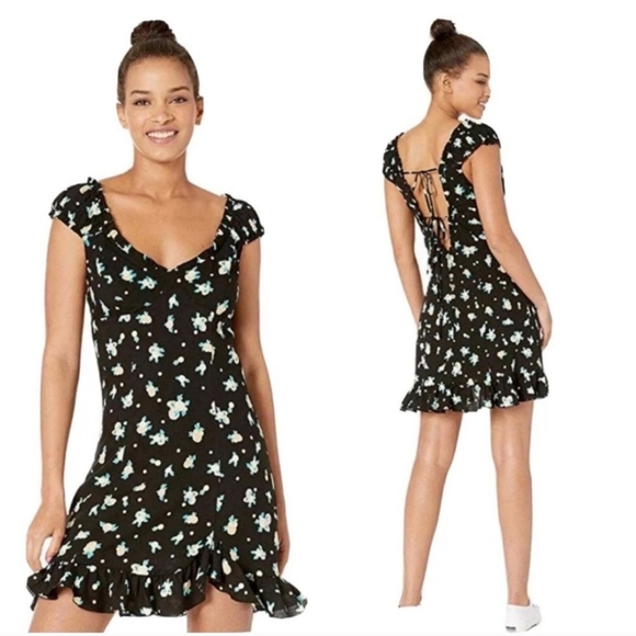 NWT Free People Black Floral Ruffle Mini Dress - Picture 1 of 1